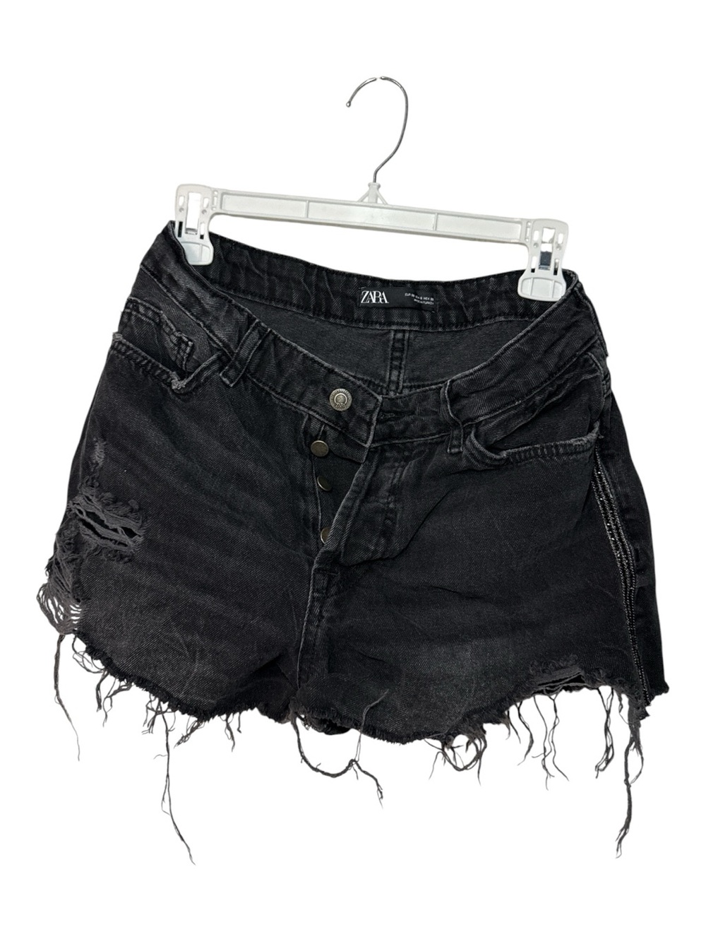 ZARA Washed Black Distressed Denim Cutoff Chunky Shorts Button Fly Size 6